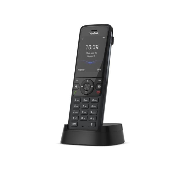Black phone with digital display on a white background