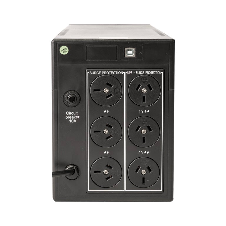 Black power strip with multiple sockets on a white background