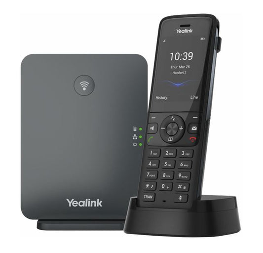 Yealink phone system with base station on a white background