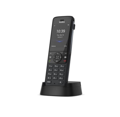 Black phone with digital display on a white background