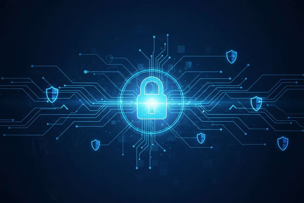 Digital illustration of a lock and shield symbols on a circuit board design, representing cybersecurity.